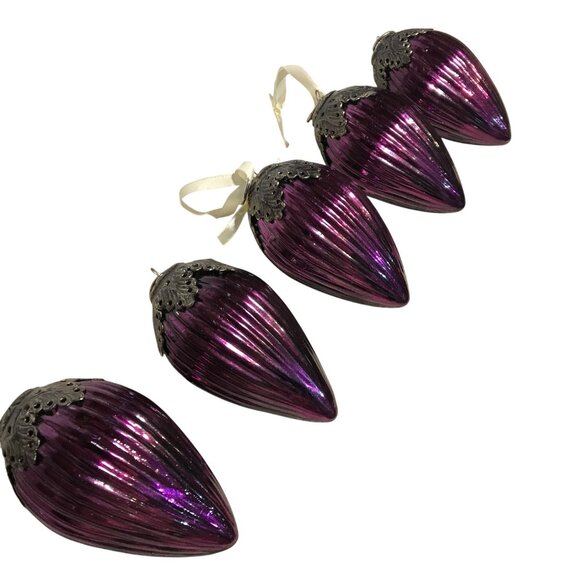 Purple Glass Christmas Ornaments Ornate Silver Caps Kugel? Vintage Very Heavy - Picture 1 of 14